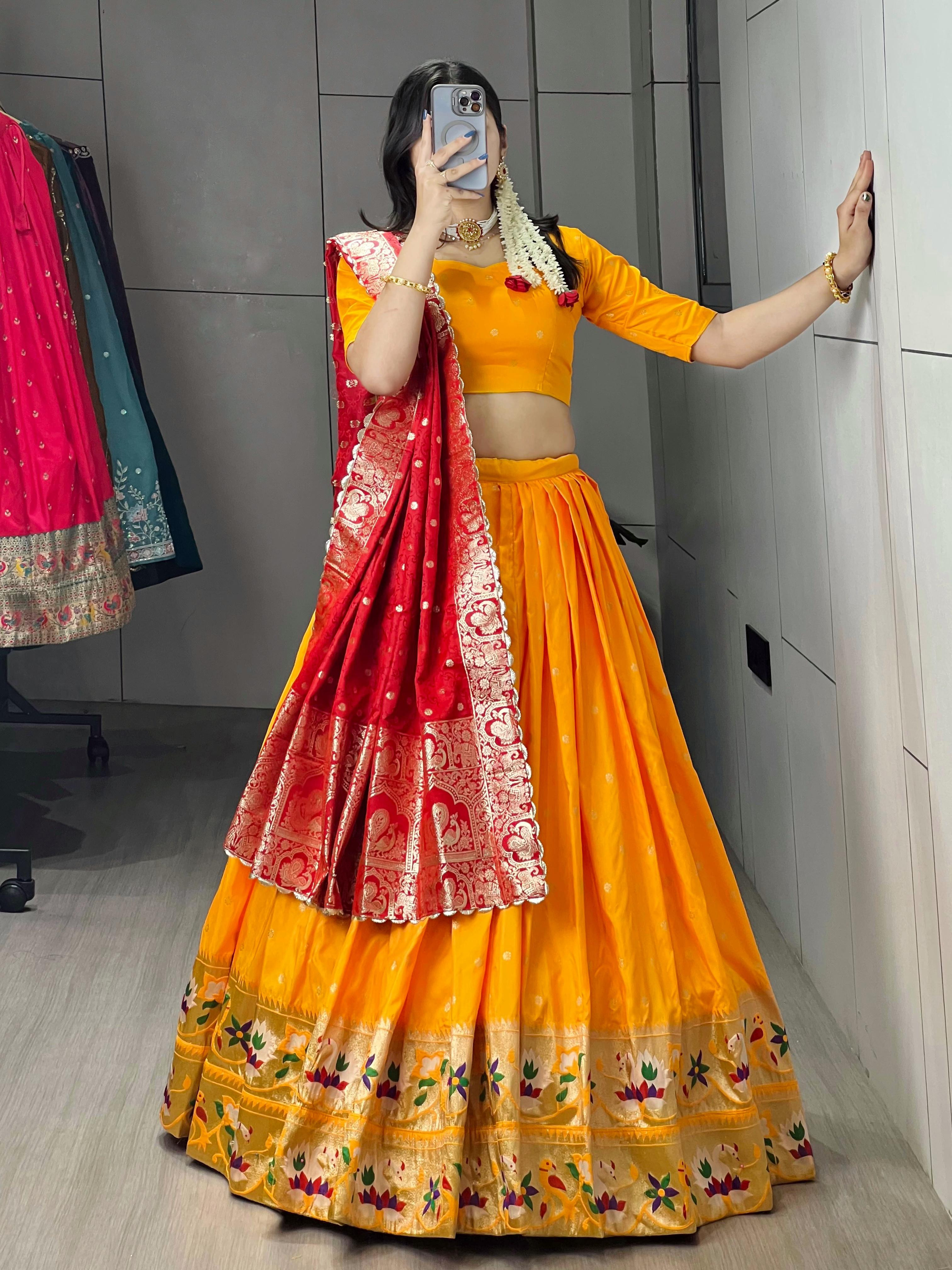 Golden Paithani Silk Lehenga Choli with Zari Weaving | Wedding & Festive Royal Wear