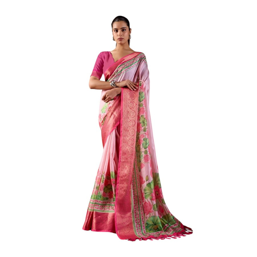 Elegant Sky Blue Floral Lichi Silk Saree with Rich Woven Border
