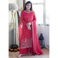 Women’s Embroidered Tesla Kurta Pant Dupatta Set with Vichitra Dupatta – Pink