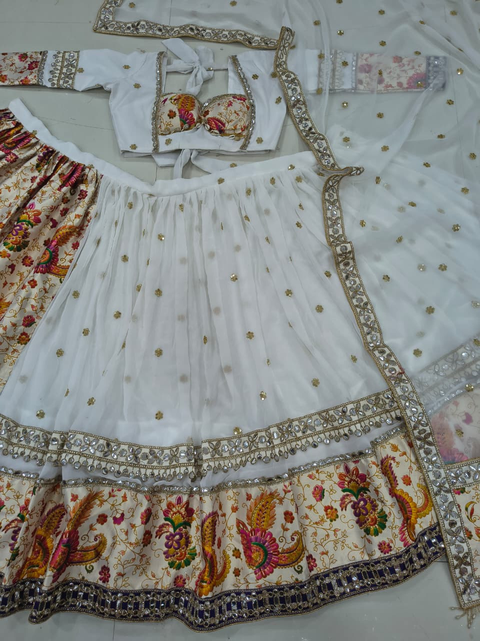 Premium Faux Georgette Sequins & Foil Mirror Work Lehenga Set