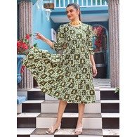 Premium Readymade Georgette Western Midi Dress – Green Printed, Fit & Flare with Bell Sleeves