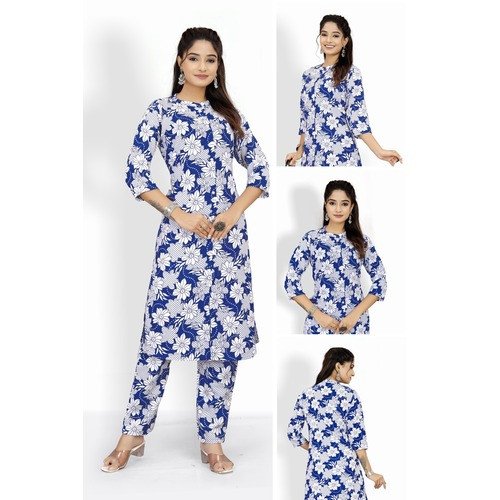Stylish Blue and Yellow Rayon Kurti-Pant Set for Women