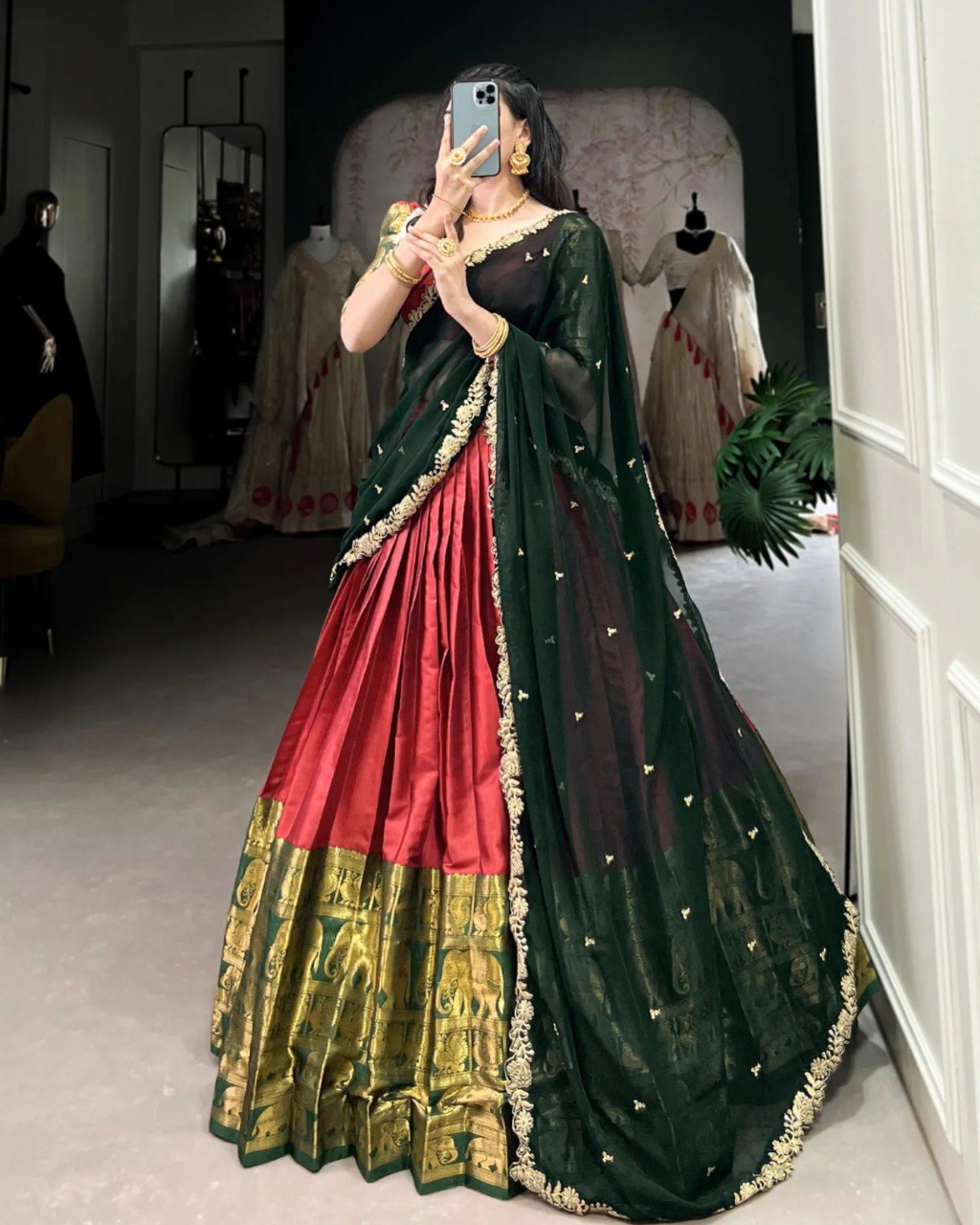 Embellished Red Semi-Stitched Jacquard Lehenga Choli with Georgette Dupatta