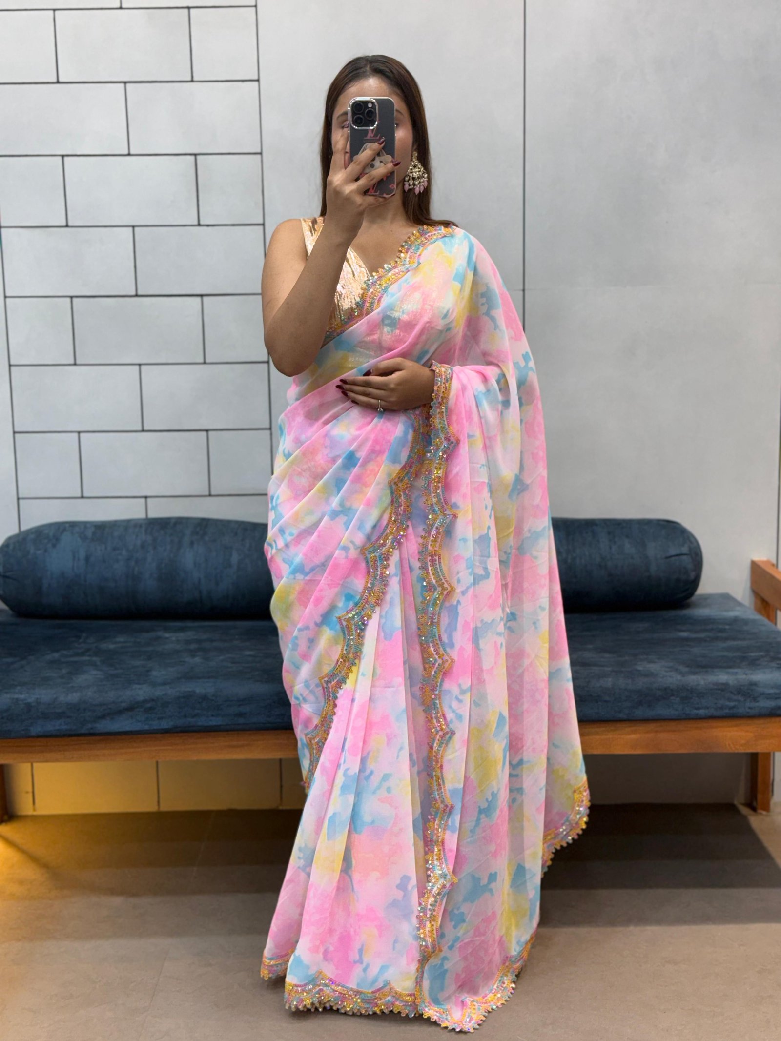 Pink Celebrity Style Shibori Print Soft Faux Georgette Saree with Rainbow Lace