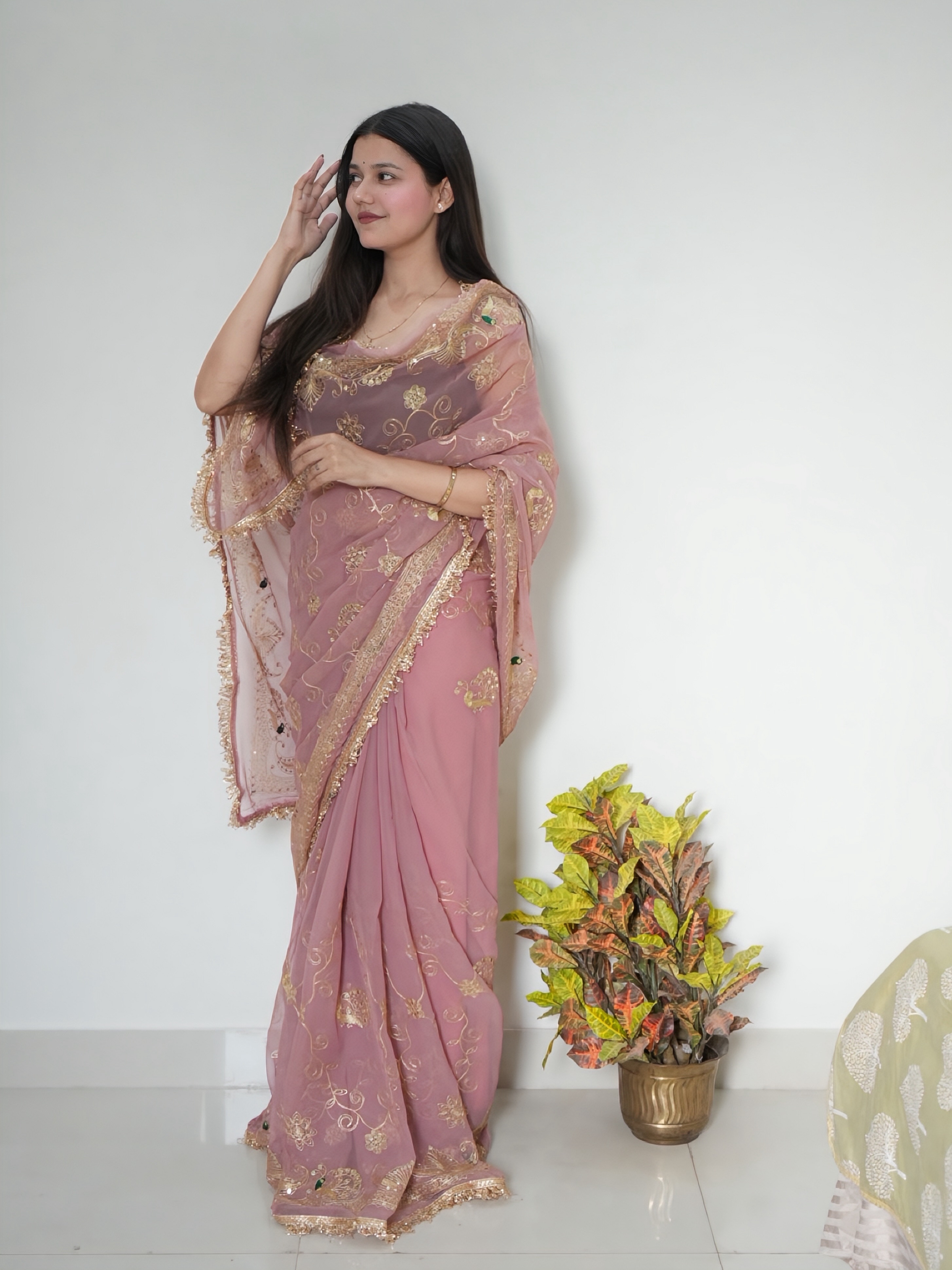 Premium Pyaji Royal Georgette Rajwadi Saree with Blouse Piece
