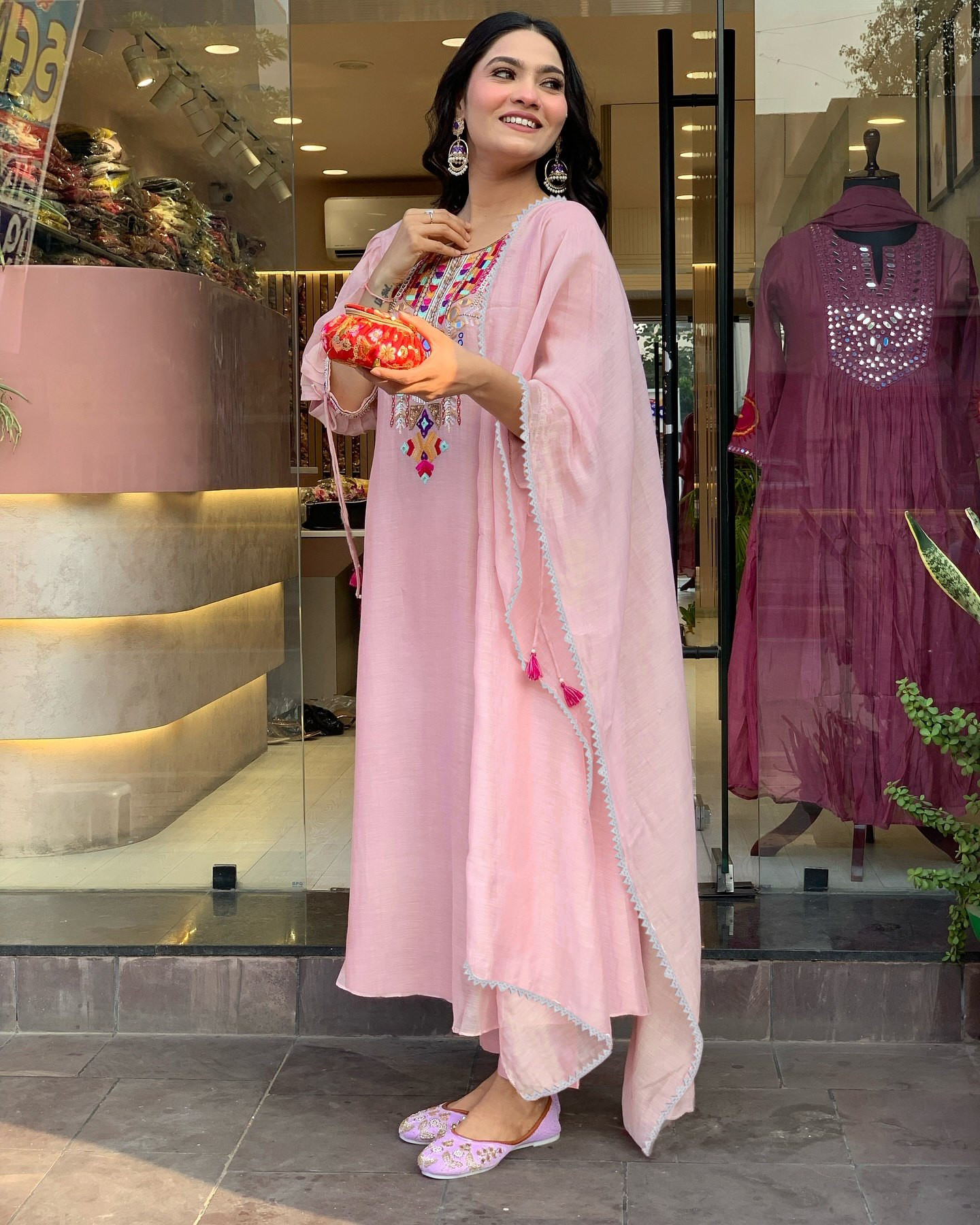 Women’s Embroidered Vichitra Silk Kurta Pant Dupatta Set