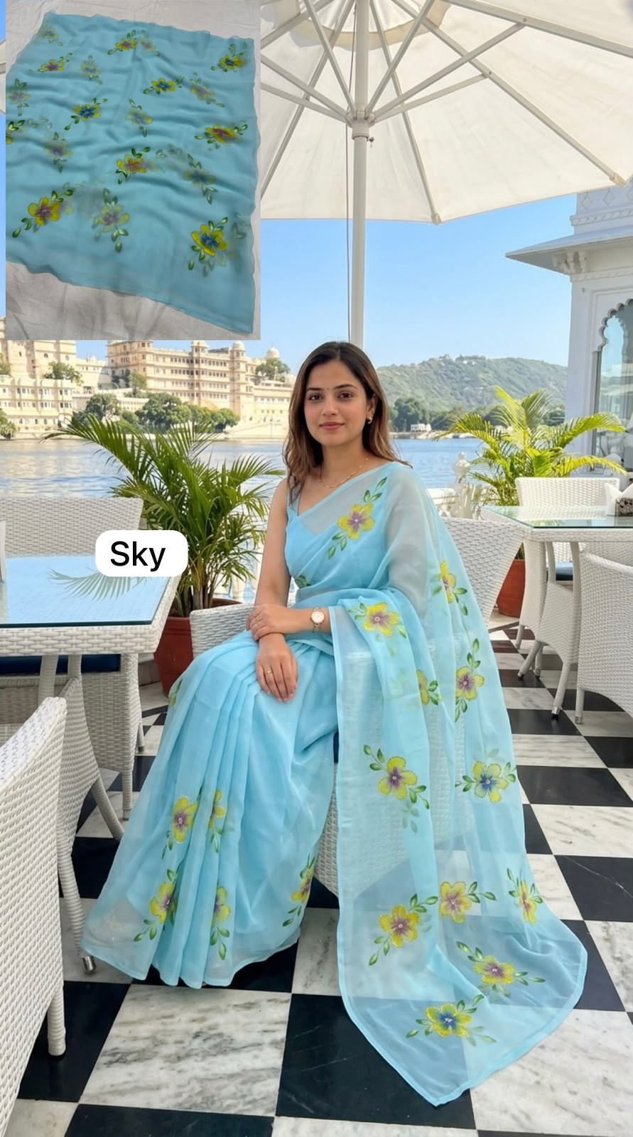 Premium Original Royal Georgette Hand Print Saree | Elegant Designer Party Wear Saree