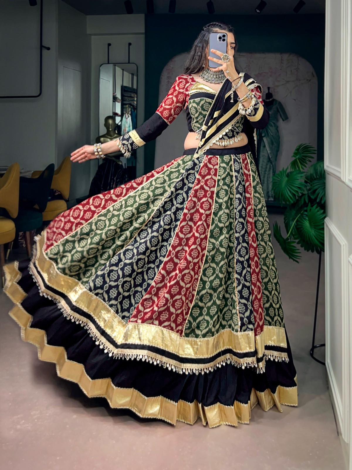 Premium Heritage Print Navratri Lehenga Choli Set with 7 Meter Flair | Pure Rayon Fabric | Ready to Wear
