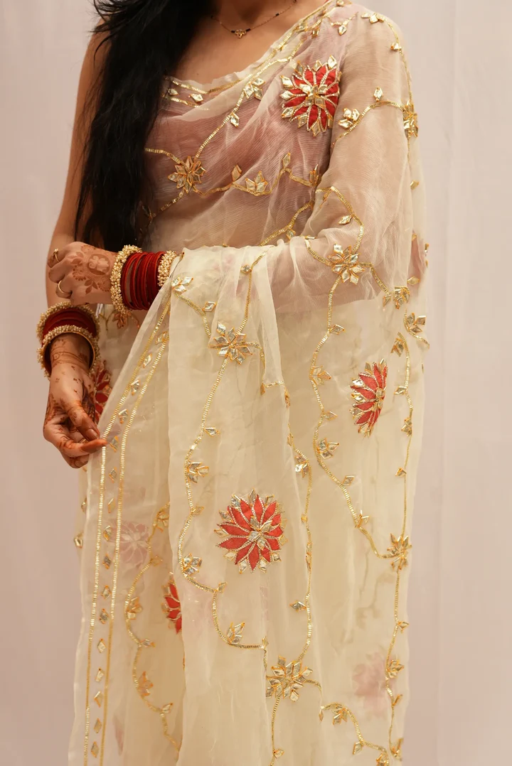 Pure Chiffon Gota Patti Handwork Jaal Saree with Aangi Style Unstitched Blouse