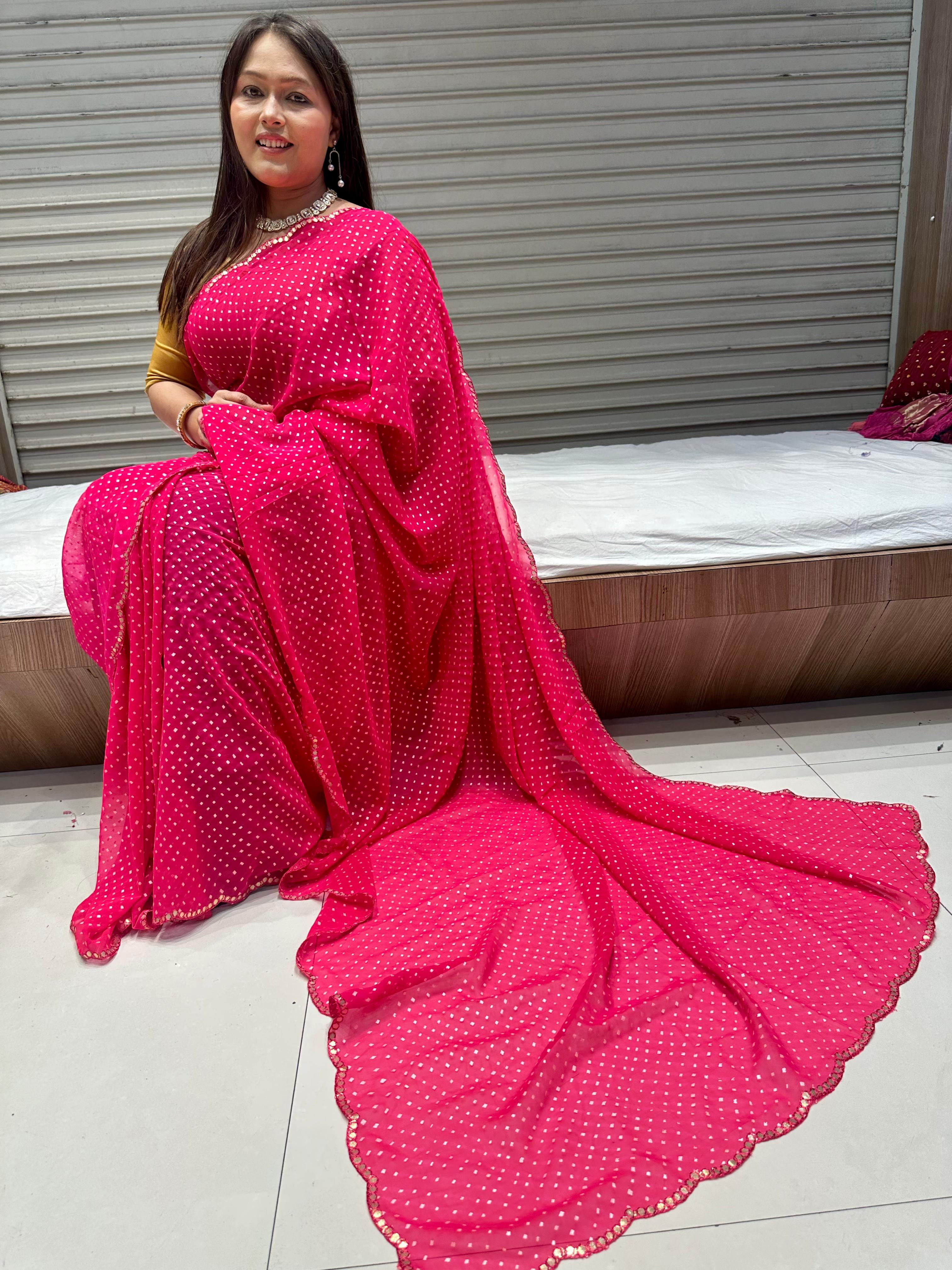 Elegant Bandhani Leriya Print Viscose Georgette Saree with Gota Patti Border Blouse