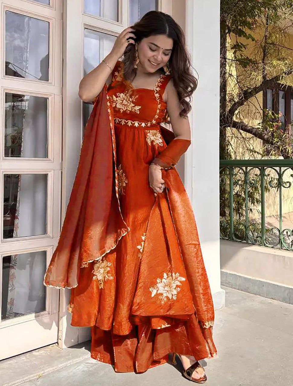 Mulberry Designer Anarkali Suit Set with Palazzo & Embroidered Dupatta