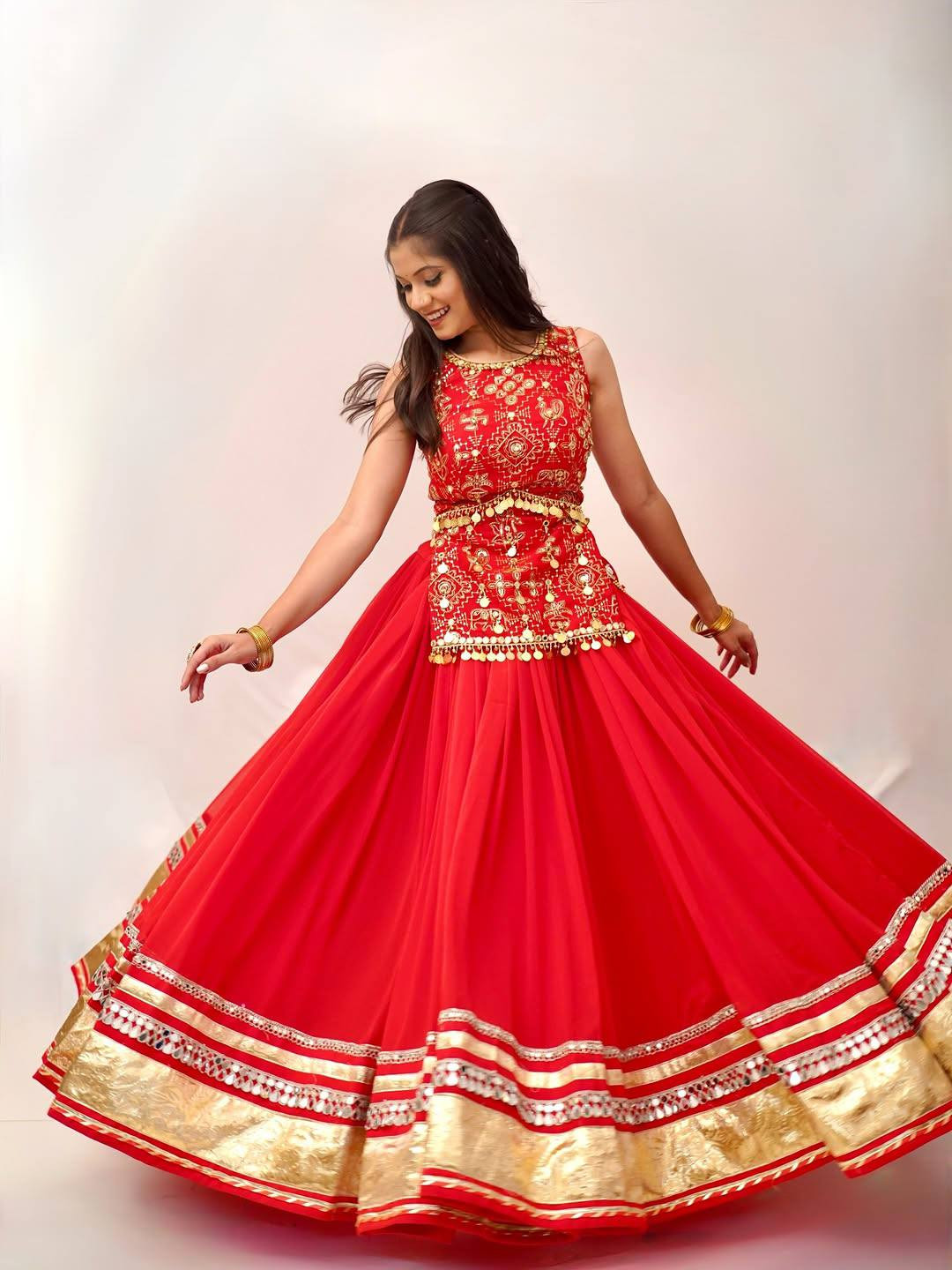 Heavy Faux Georgette Real Mirror Lace 6 Meter Flared Lehenga Choli