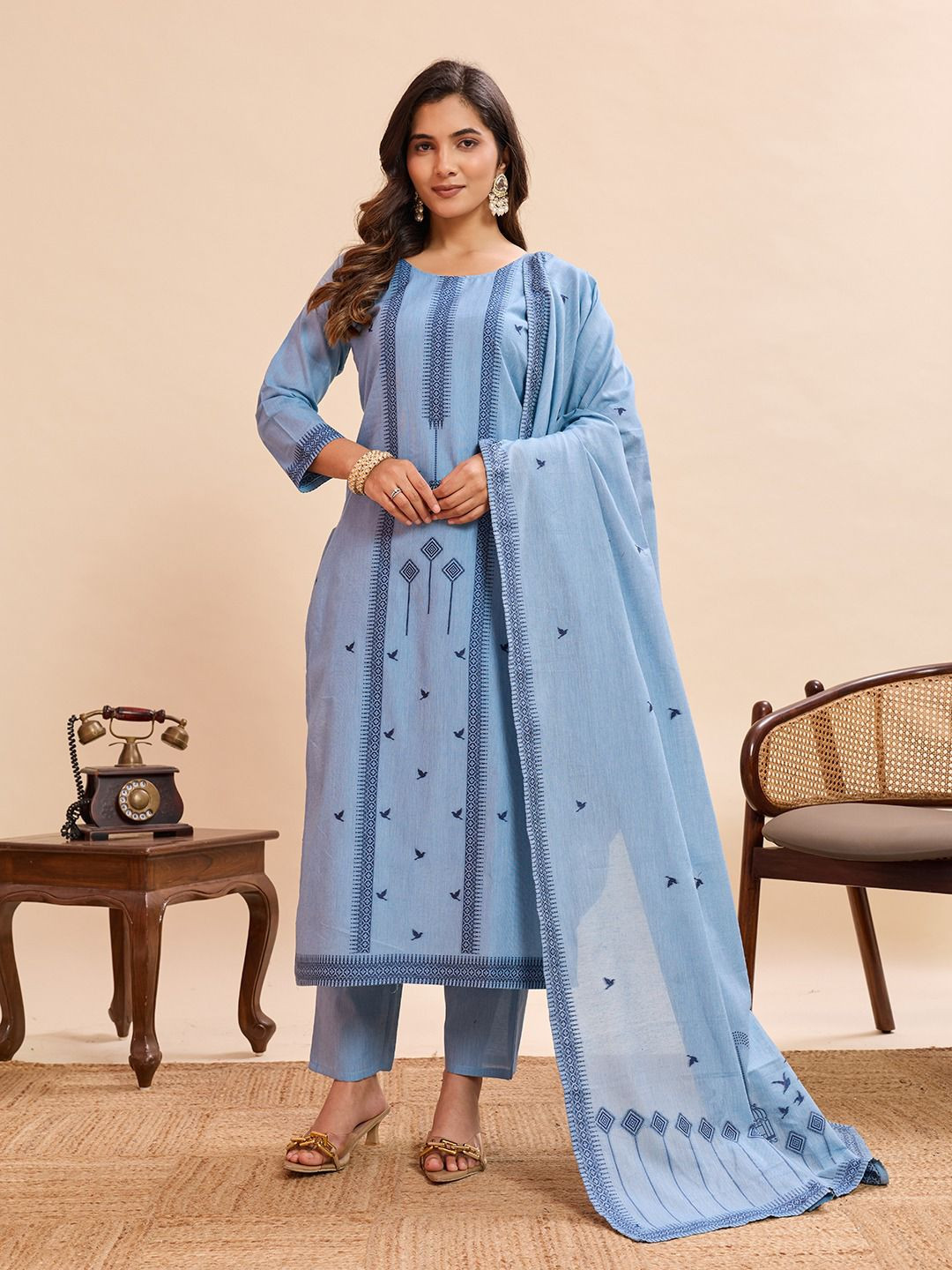 Elegant Sky Blue Pure Cotton Jacquard Kurta Pant Dupatta Set for Women