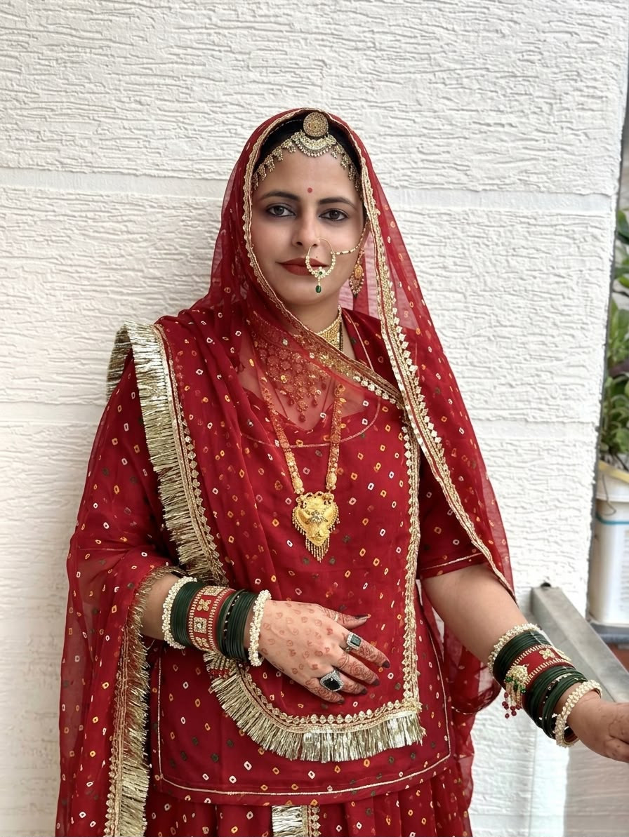 Karwa Chauth Special Red Rajputi Poshak with Rajan Zero Pure Odhani – Bhandej Work