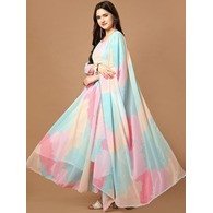 Printed Georgette Stitched Anarkali Gown with Dupatta – Multicolour, Full Sleeve, Party & Festive Wear