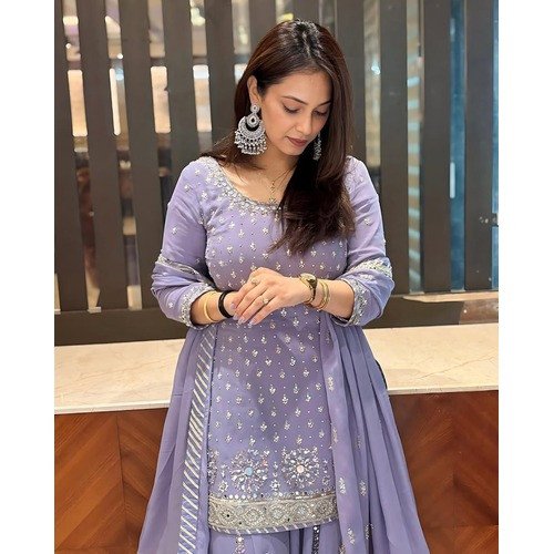 Heavy Faux Georgette with Pearl & Mirror Embroidery Work Palzoo