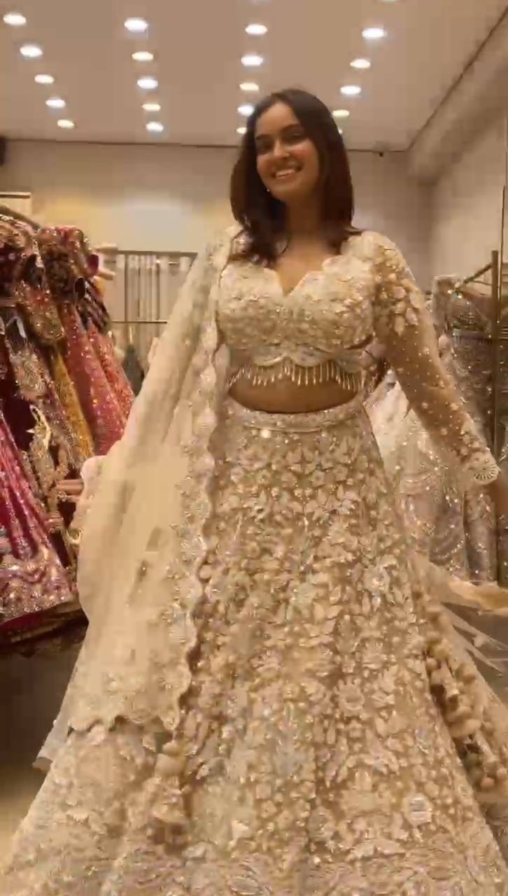 Luxury Butterfly Net Lehenga with 4 Meter Flare | Embroidered Sequins Work | Semi-Stitched Lehenga with Can-Can & Canvas | Elegant Party & Wedding Wear