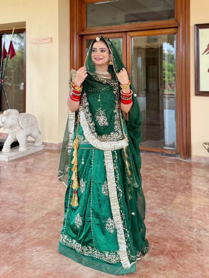 Green Coloured Satin and Hamrahi Fabric Mehendi festive kasab zari Work Rajputi Poshak