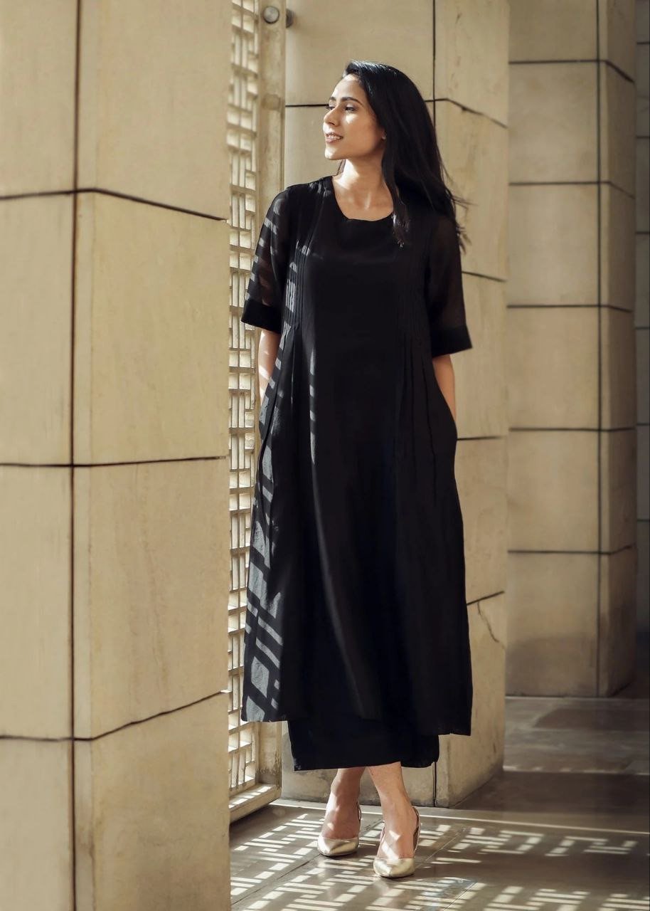 Elegant Black Roman Silk Kurta Pant Dupatta Set for Women