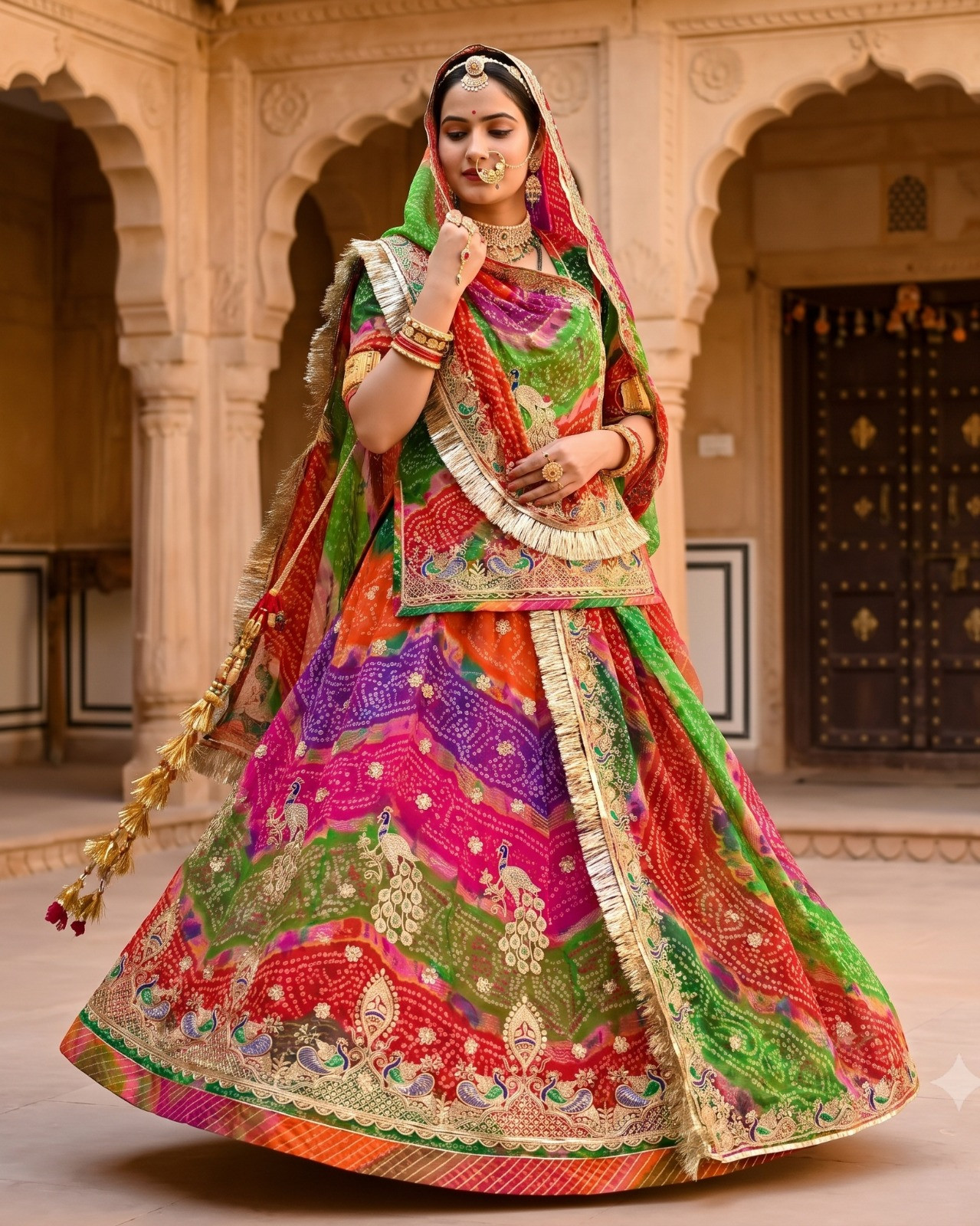 Pachrangi Heavy Designer Rajputi Poshak with Stone & Fancy Kundan Work