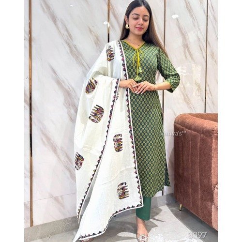 Mughal block kurti pant dupatta set