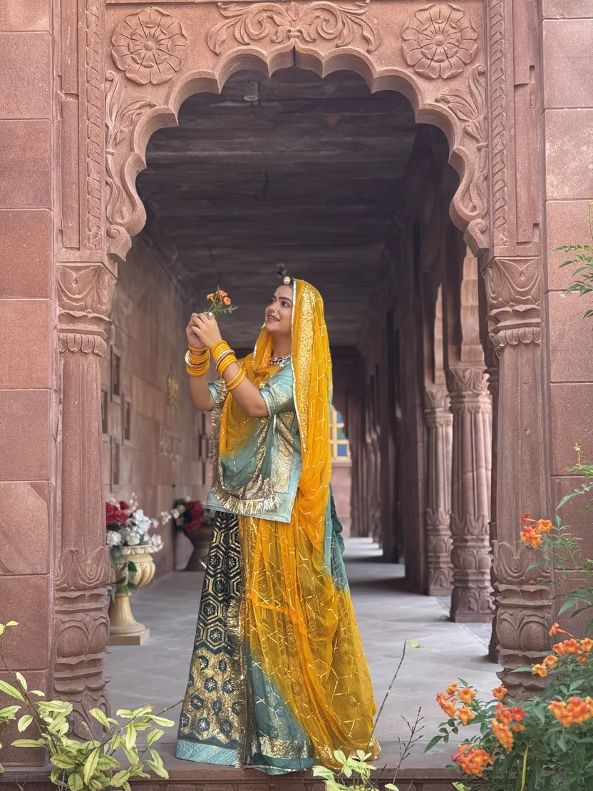 Green Organza RAjputi Poshak with Contrast Odhna