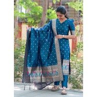 Women’s Jacquard Kurta Pant Dupatta Set | Cerulean Ethnic Wear with Weaving Work & Lace Border