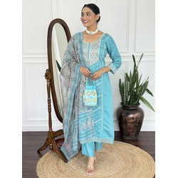 Elegant Sky Blue Vichitra Embroidered Kurta Pant & Chanderi Dupatta Set for Women