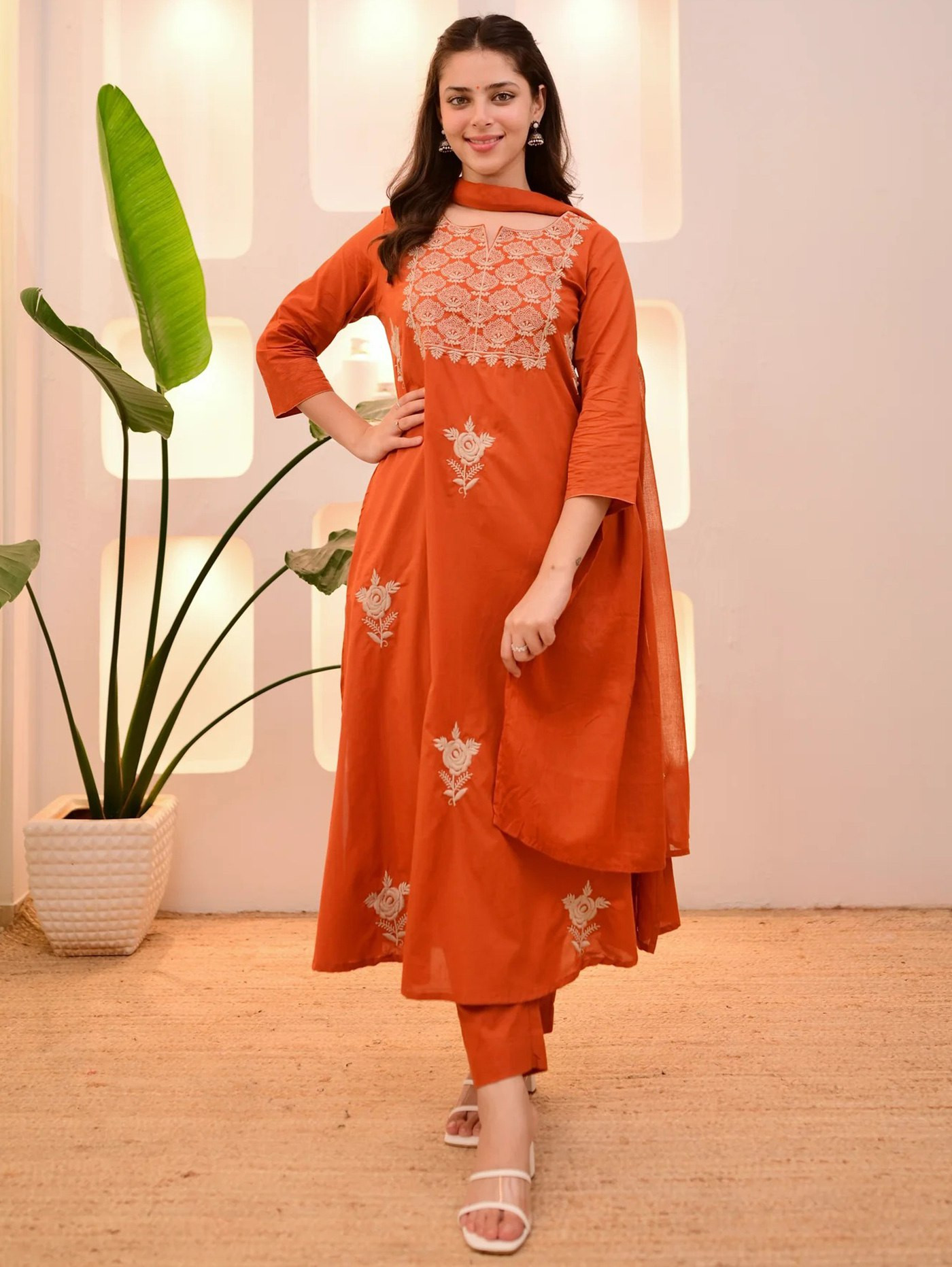 Elegant Orange Embroidered Kurta Pant Dupatta Set for Women | Tesla Fabric Ethnic Suit