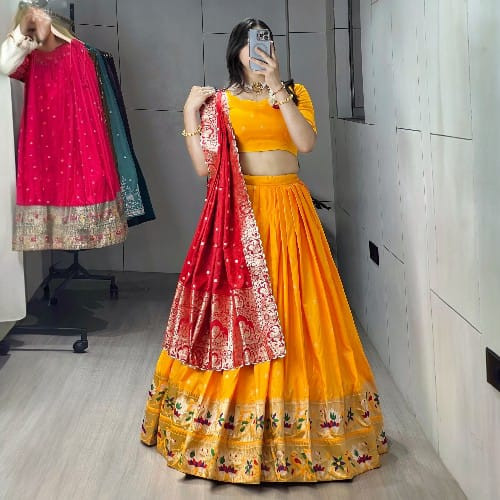 Golden Paithani Silk Lehenga Choli with Zari Weaving | Wedding & Festive Royal Wear