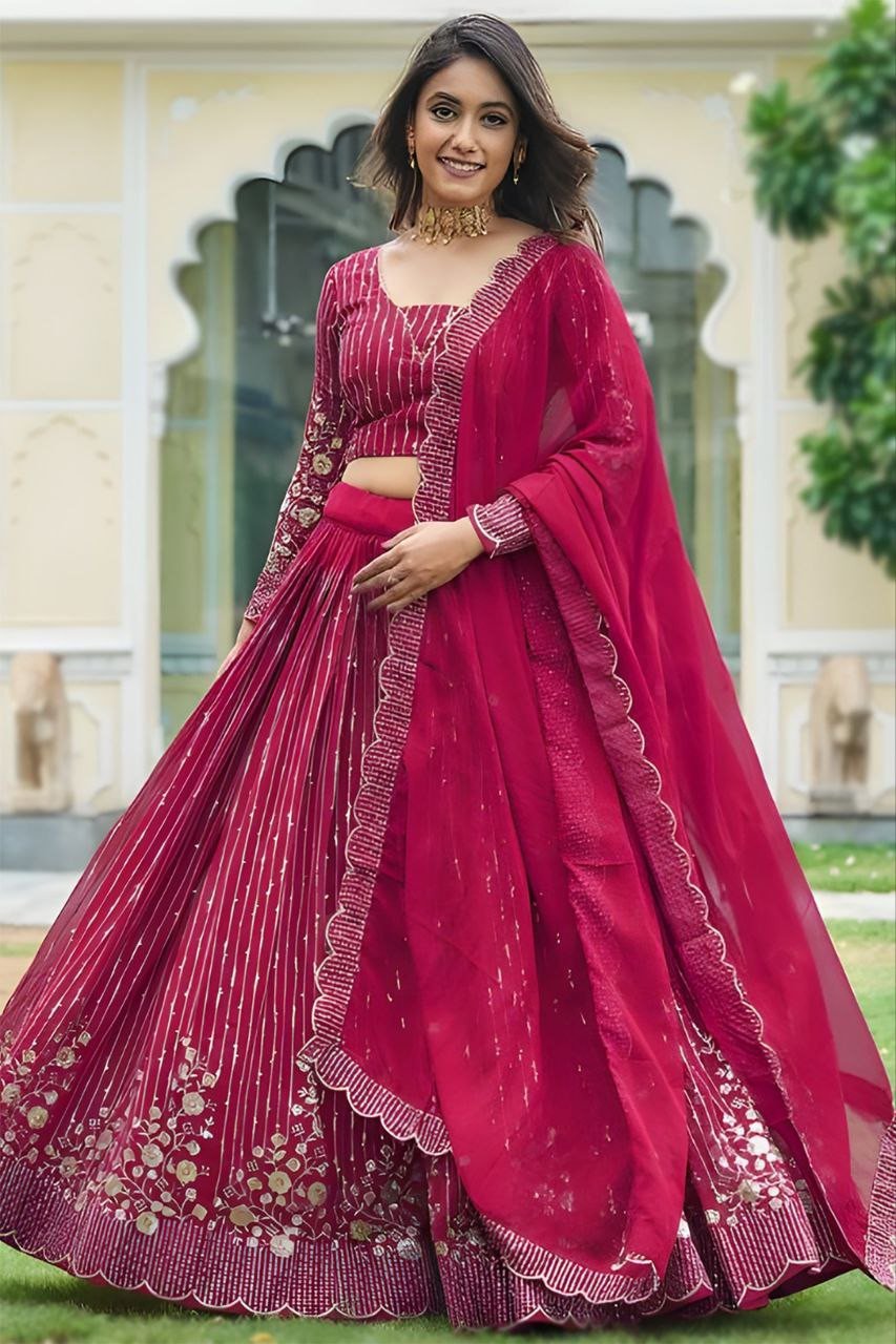 New Silk Premium Readymade Pink Barbie Lehenga | Semi-Stitched Embellished Lehenga Choli with Georgette Dupatta