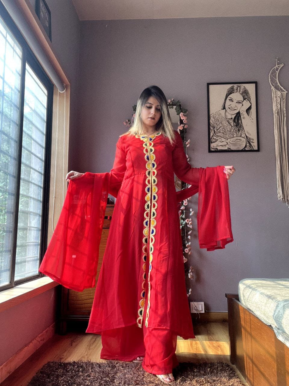 Premium Georgette Handwork Sharara Set with Velvet Detailing