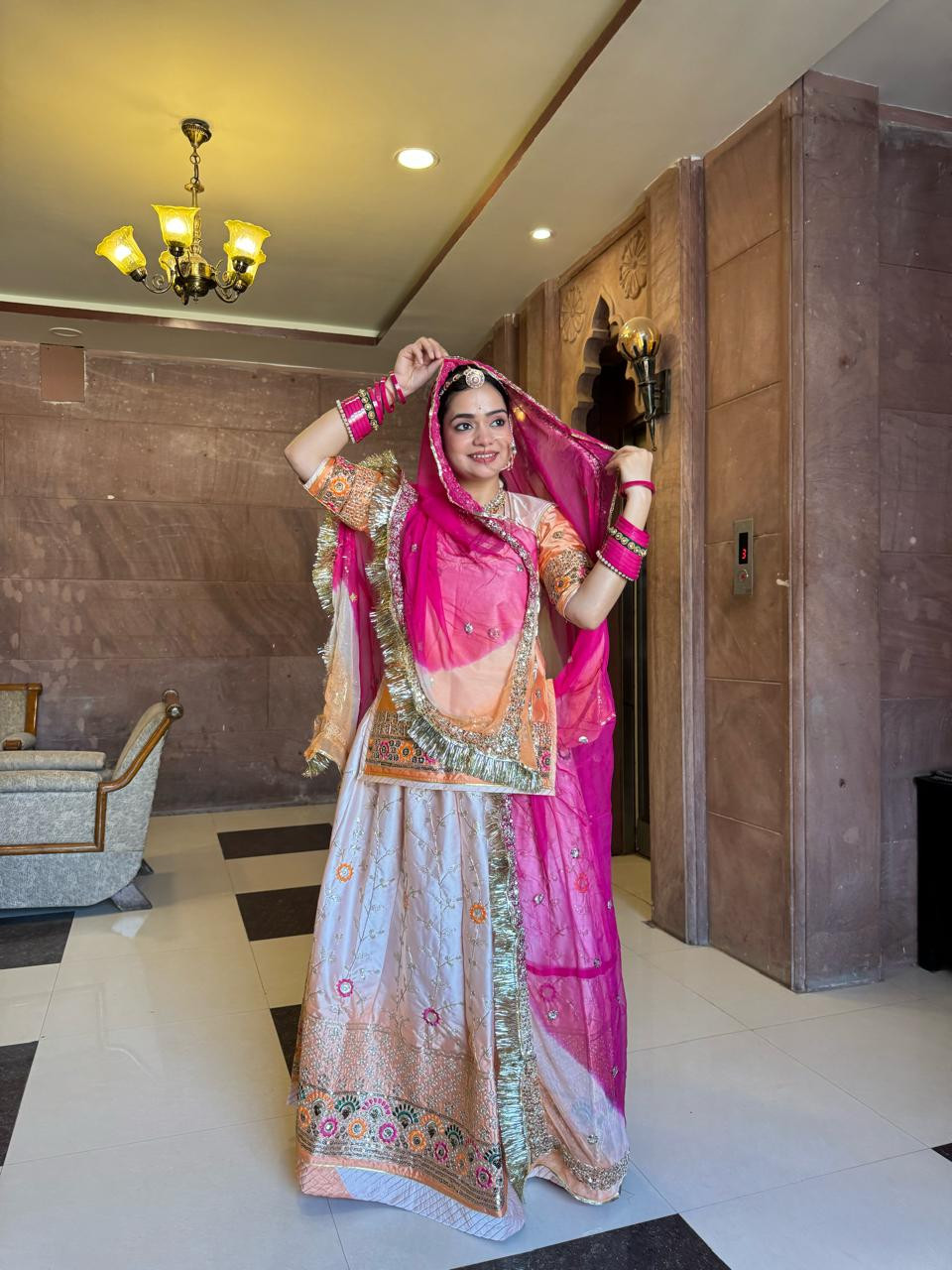 Royal Heavy Satin Rajputi Poshak with Premium Hamrahi Odhna & Gota Kiran Finish