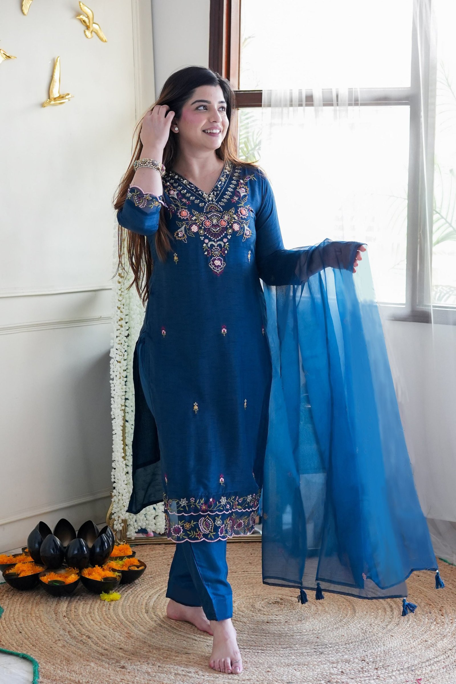 Women’s Vichitra Silk Kurta Pant Dupatta Set with Embroidery – Cerulean