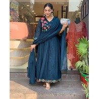 Cerulean Blue Embroidered Georgette Anarkali Gown with Dupatta | Full Sleeve Stitched Party Wear Dress