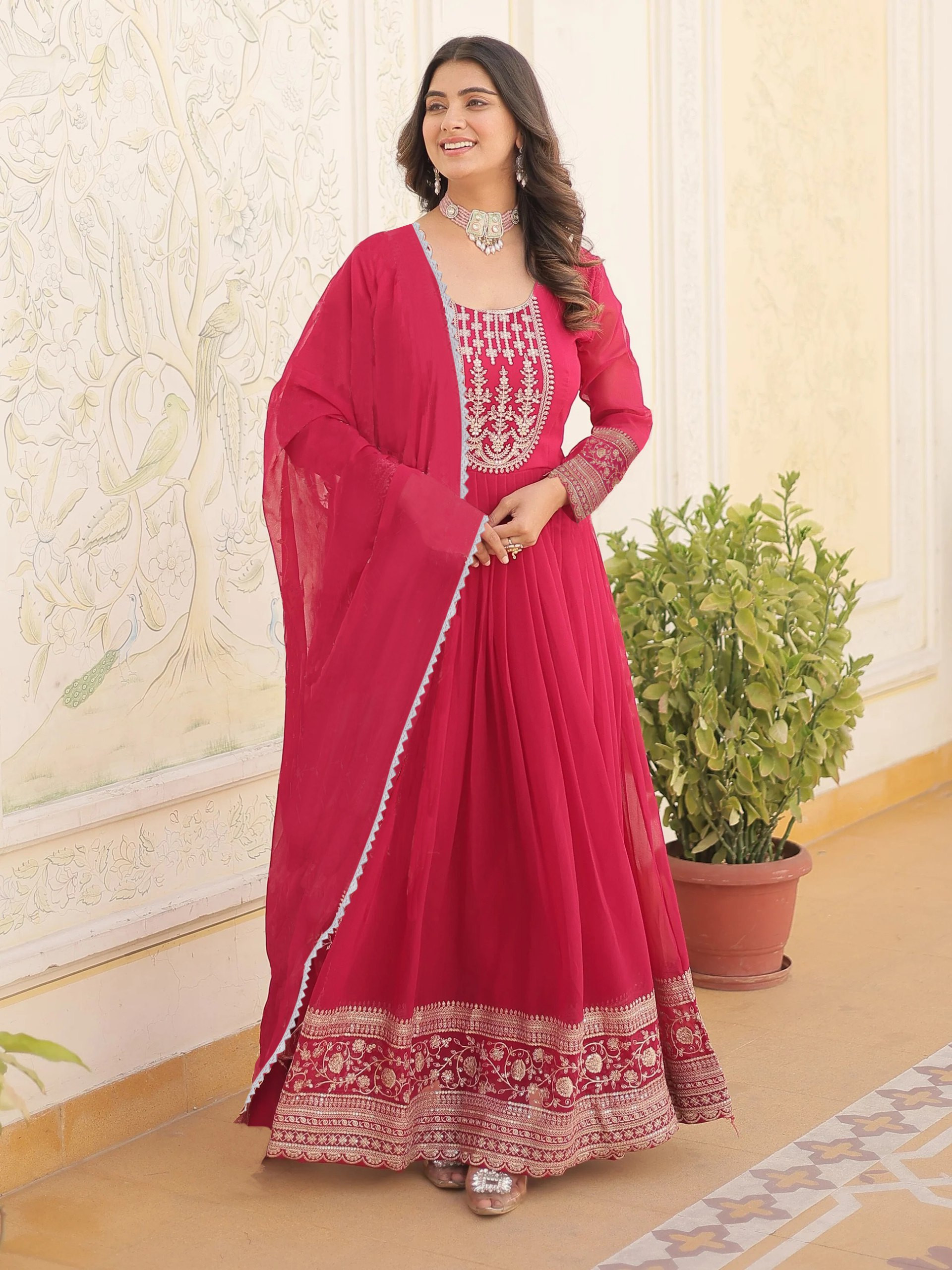 Red Embroidered Georgette Anarkali Gown with Dupatta | Full Sleeve Party Wear Ethnic Set