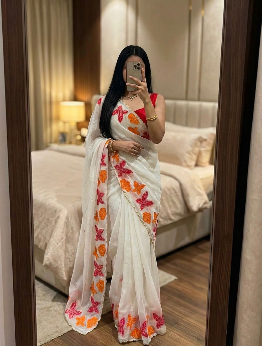 Elegant White Butterfly Saree with Pink Blouse