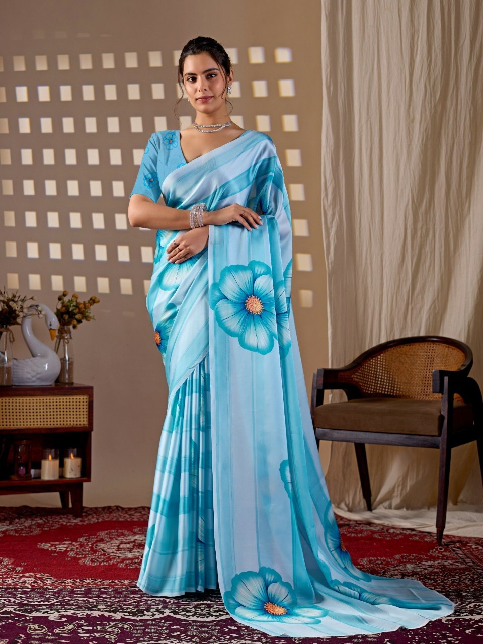 Sky Blue Floral Digital Print Satin Georgette Saree with Matching Blouse