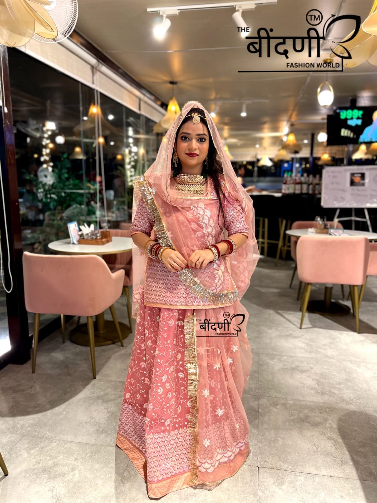 Blushing Elegance: Pink Net Poshak with Sheer Net Odhna(Semi stich)