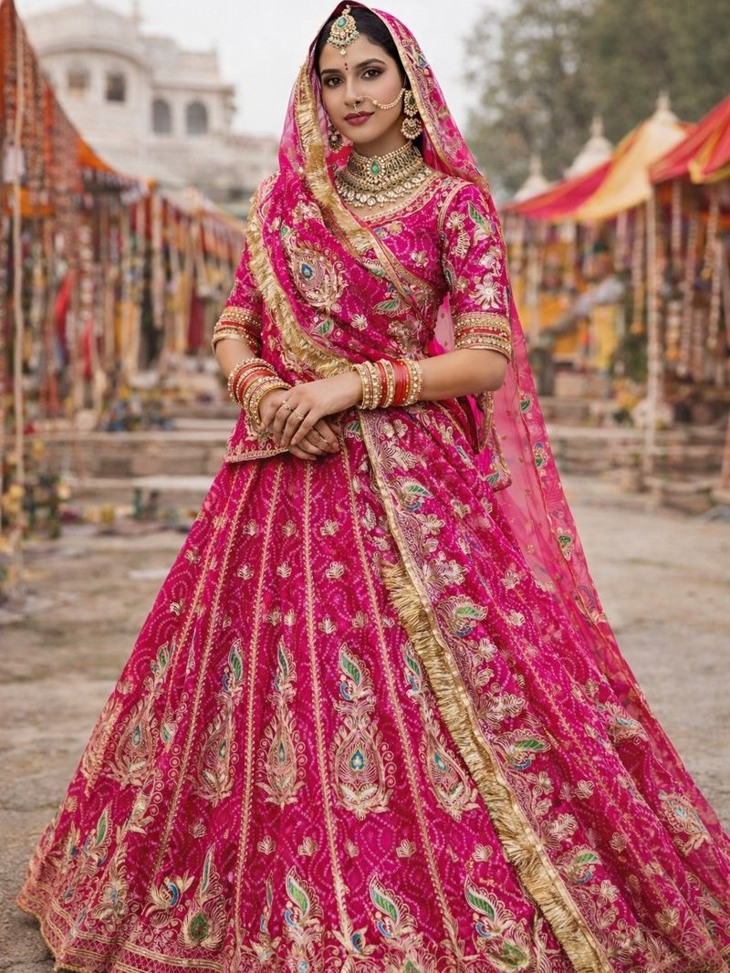 Designer 4 Meter Flared Bandhej Print Poshak Set – Royal Elegance Redefined