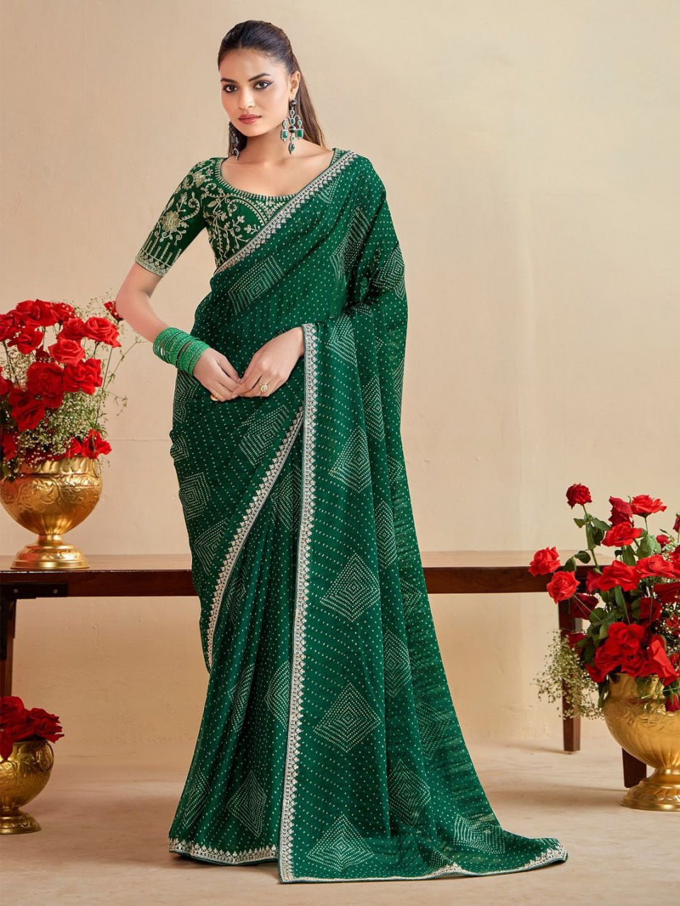 Green Glamour:Bandhni Moss Chiffon Saree with Embroidered Lace & Blouse
