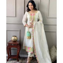 Elegant White Women Silk Kurta Pant Dupatta Set – Embroidered Tesla Fabric with Vichitra Dupatta