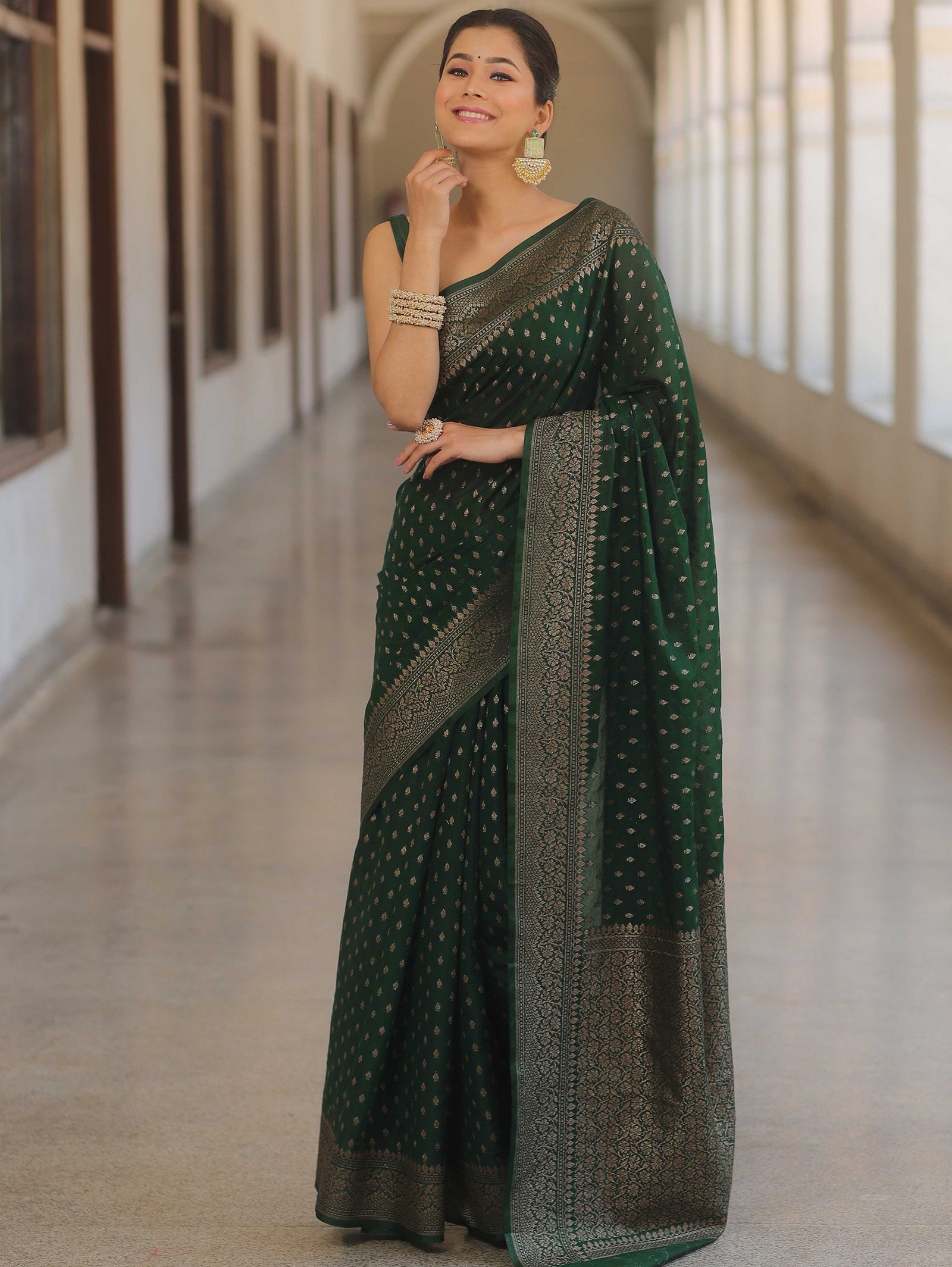 Premium Banarasi Jacquard Saree with Blouse Piece for Women – Green, Jari Woven Design