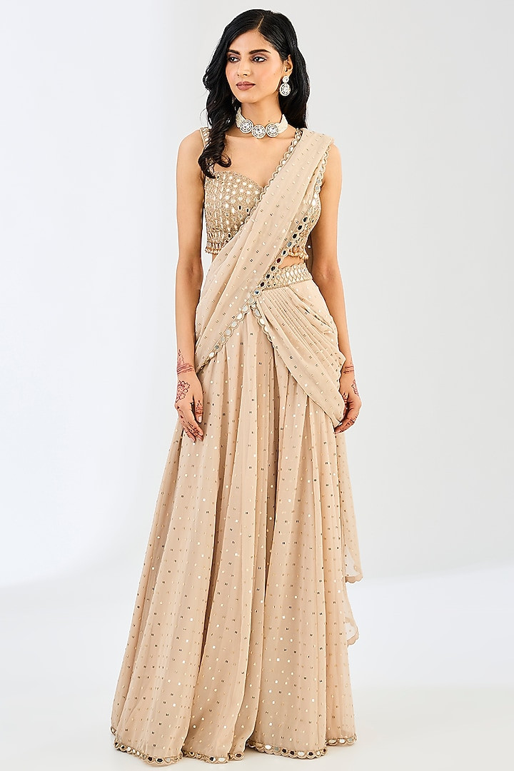 Faux Georgette Ready-to-Wear Saree with Real Mirror & Sequins Work