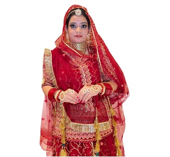 Royal Crimson: The Silk Satin Red Poshak Adorned with Golden Sequins(semi stich)