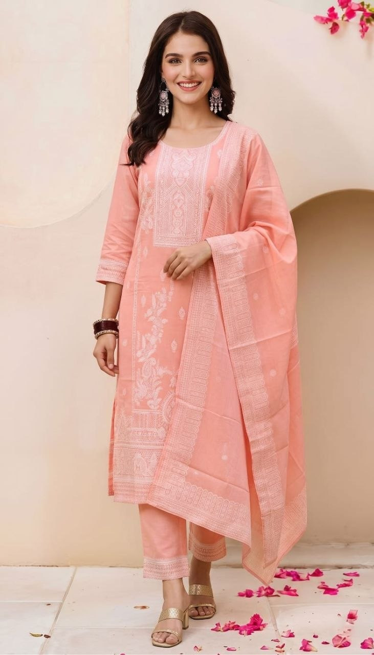 Pure Cotton Jacquard Printed Kurta, Pant & Dupatta Set