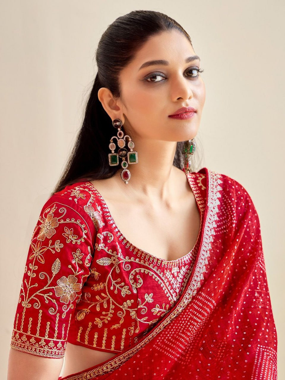 Red Bandhni Embroidered Moss Chiffon Saree