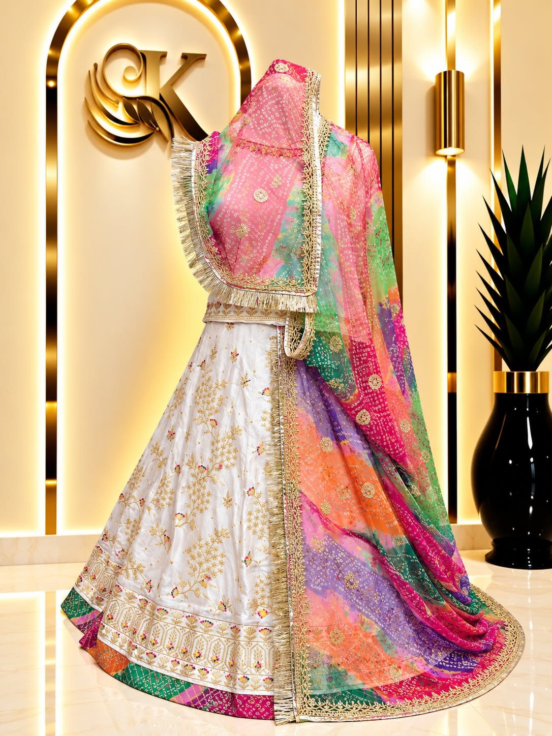 Sindoor Rajasthani Poshak Semi-Stitched Set with Half Pure Fabric & Bandhej Odhana