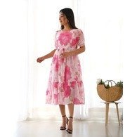 Premium Georgette Western Midi Dress for Women – Pink Digital Print, Fit & Flared with Bell Sleeves
