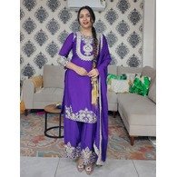 Women’s Silk Embroidered Kurta Pant Dupatta Set | Chinon Fabric | Purple Plazo Suit with Dupatta